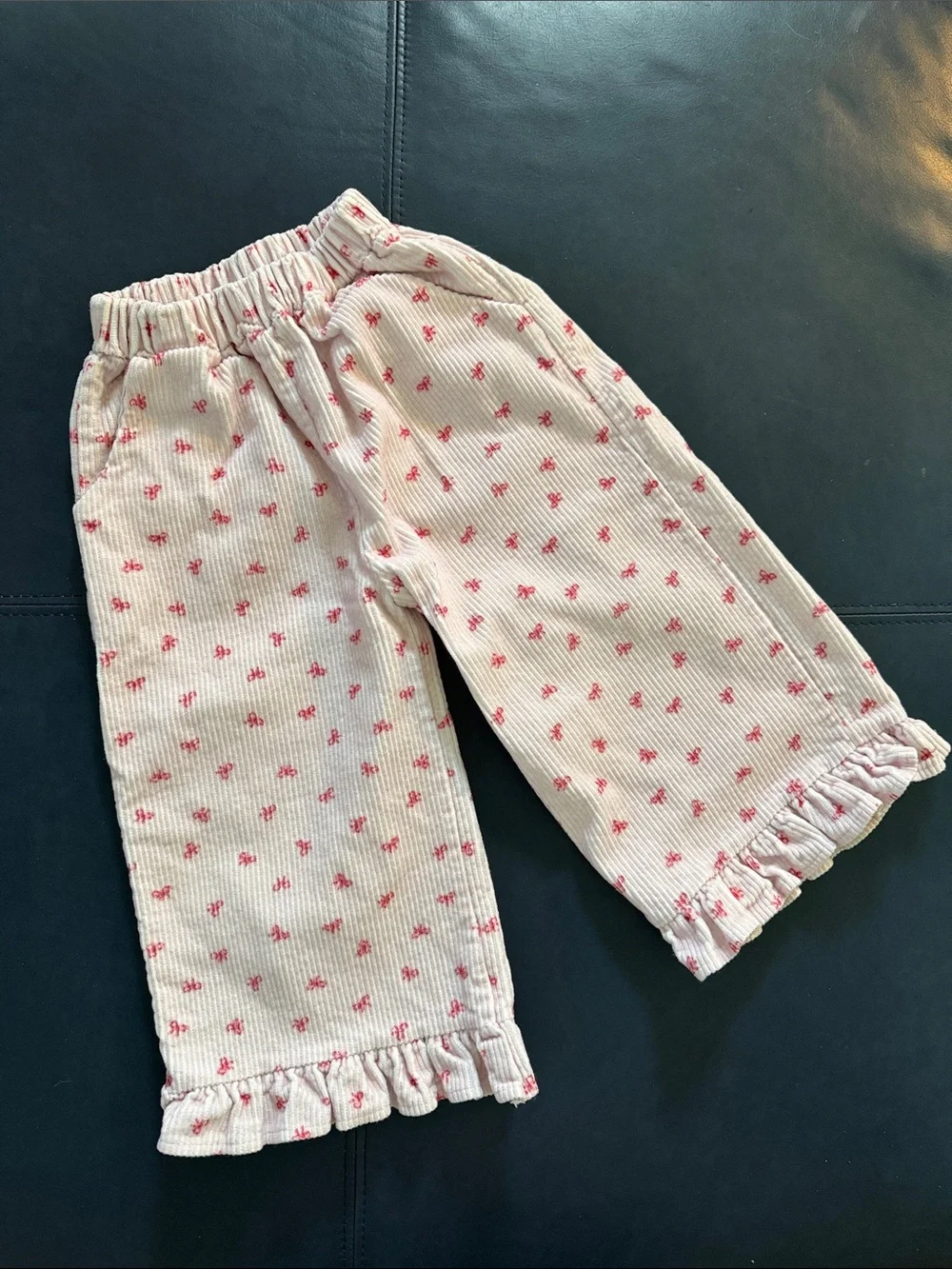 Girls Pink Floral Corduroy Ruffle Hem Pants
